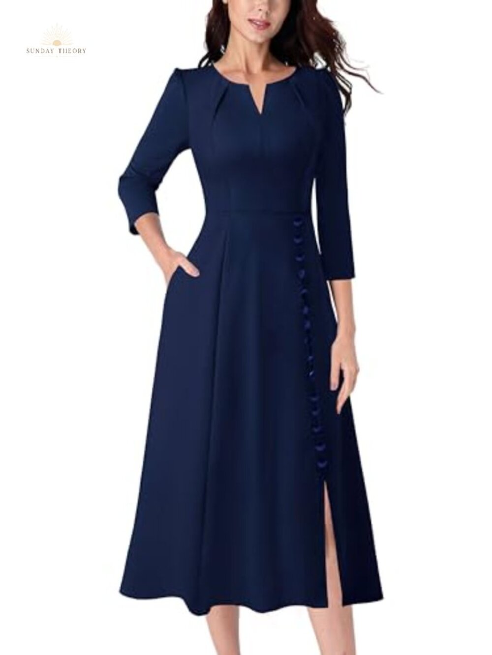 Womens A-Line Midi Work Office Dress Puff Sleeves Pockets Velvet Buttons